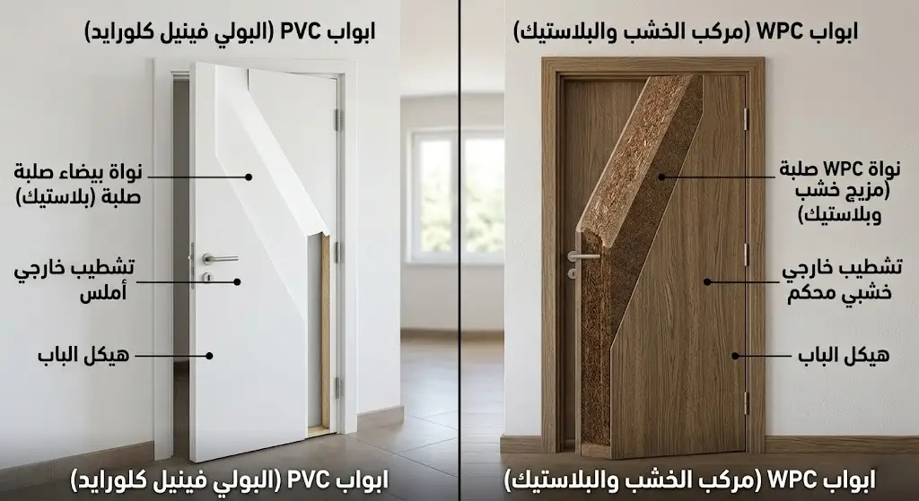 مقطع عرضي يوضح الفرق بين ابواب pvc وابواب wpc من حيث التكوين الداخلي للمادة.